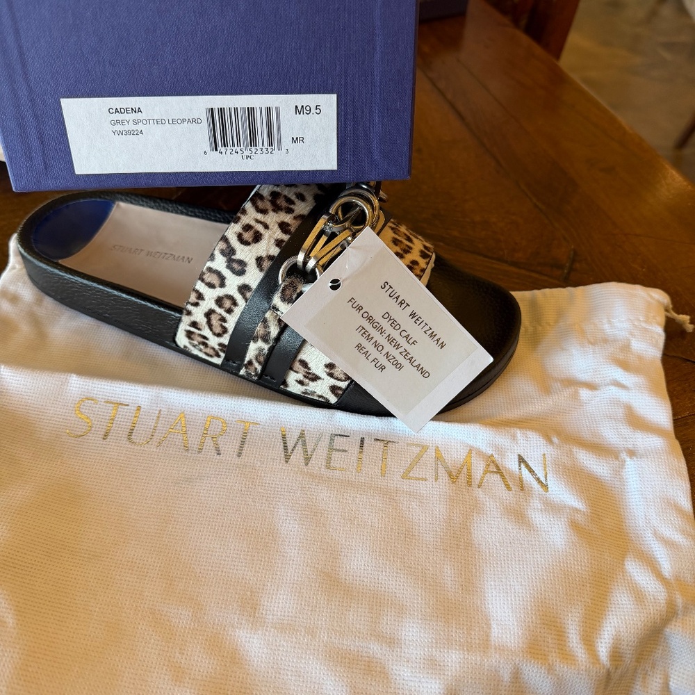NWT Stuart Weitzman Cadena Spotted Leopard Leather & Calf Hair Slides 9.5 NIB - Picture 9 of 10
